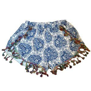 Blue & White Pattern Shorts with Multi Color Fridge Hem | Size M/L